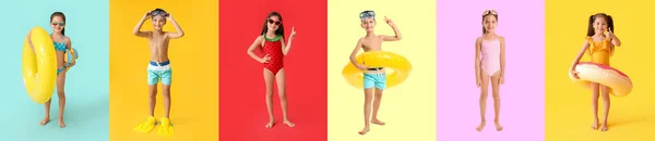 Group Happy Little Children Swimsuits Inflatable Rings Snorkeling Gear Color — Stock Photo, Image