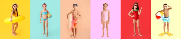 Group Funny Little Children Swimsuits Inflatable Rings Ball Snorkeling Gear — Zdjęcie stockowe