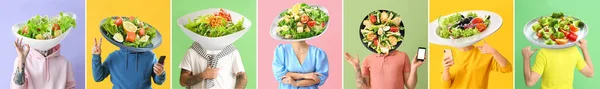 Set People Plates Tasty Caesar Salad Instead Heads Colorful Background — Foto de Stock