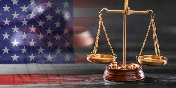 Double Exposure Usa Flag Scales Justice — Stockfoto