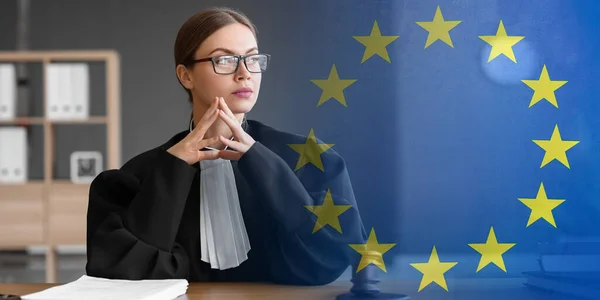 Double Exposure Female Judge Office Flag European Union — ストック写真