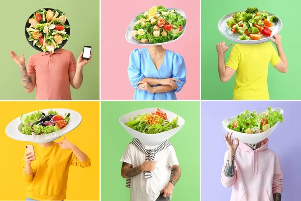 Set People Plates Tasty Caesar Salad Instead Heads Colorful Background — Stock Fotó