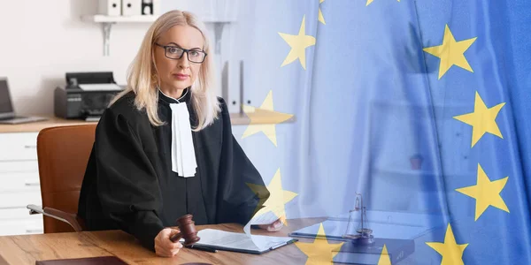 Double Exposure Female Judge Office Flag European Union — ストック写真