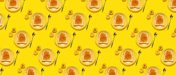 Many Plates Tasty Toasts Apricot Jam Yellow Background — 스톡 사진