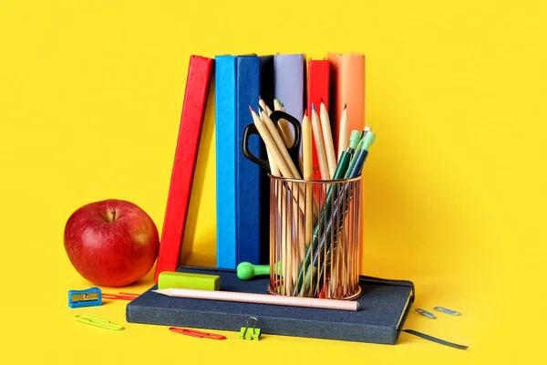 Pen Cup School Stationery Apple Books Yellow Background — ストック写真