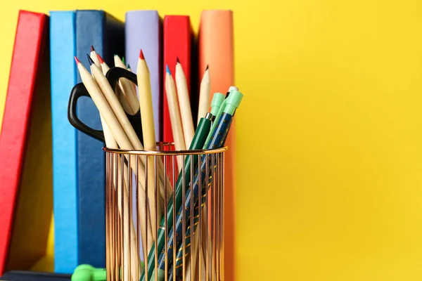 Cup Pens Pencils Scissors Yellow Background Closeup — Stock Fotó