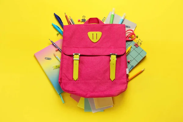 School Backpack Stationery Supplies Yellow Background — Stock Photo, Image