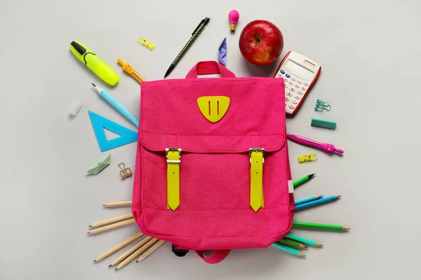 School Backpack Stationery Apple Grey Background — Stock Photo, Image