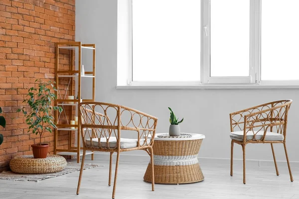 Interior Cozy Living Room Rattan Table Armchairs Shelving Unit — 图库照片