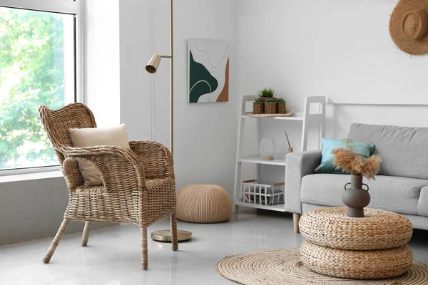 Interior Cozy Living Room Rattan Poufs Armchair Sofa — Photo