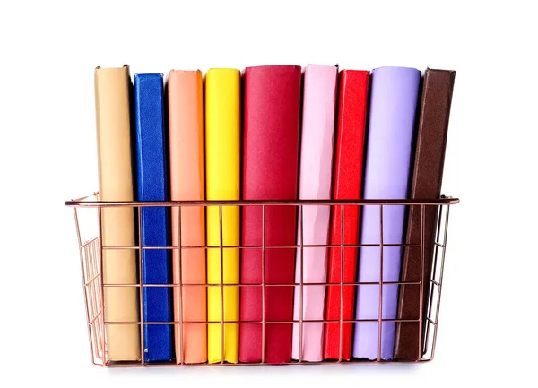 Pink Metal Basket Books White Background — Stok fotoğraf