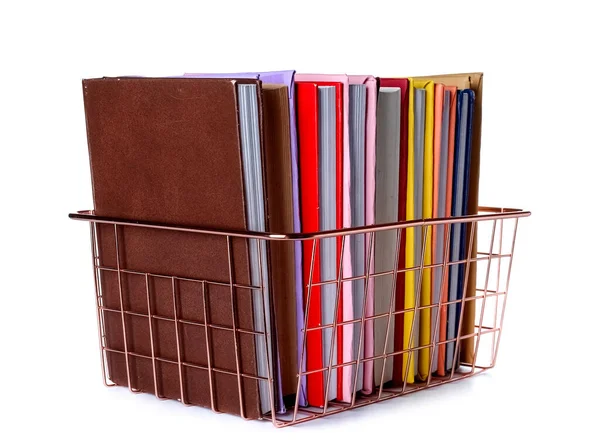 Pink Metal Basket Books White Background — Foto Stock