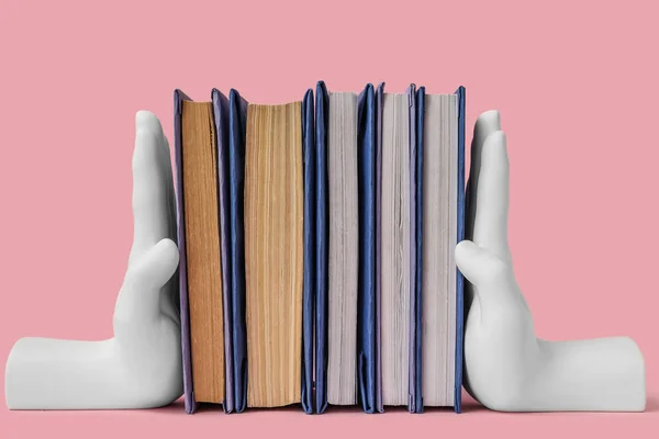 Books Stands Shape Hands Pink Background — Foto de Stock