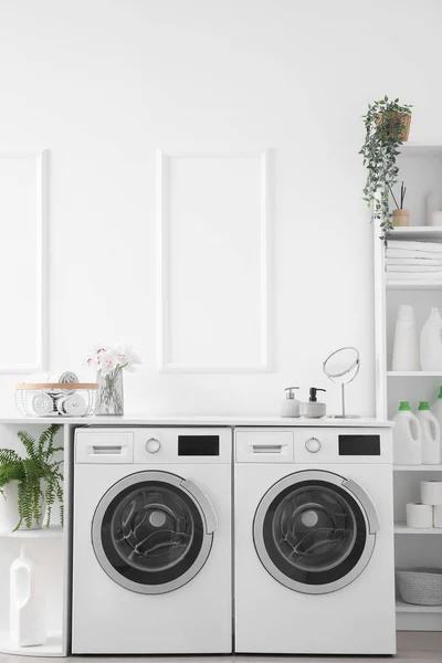 Interior Light Laundry Room Washing Machines Shelving Units — Stock Photo, Image