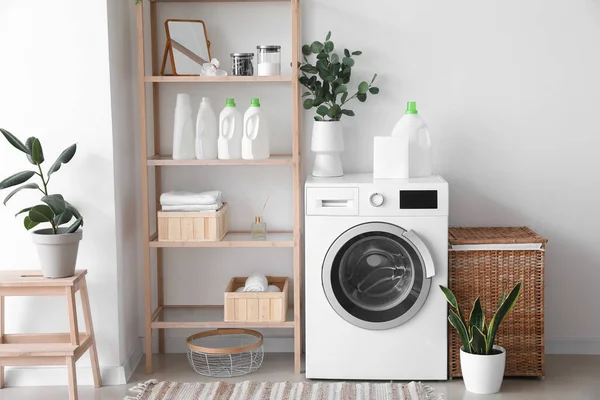 Interior Light Laundry Room Washing Machine Shelving Unit Houseplants — Stok Foto