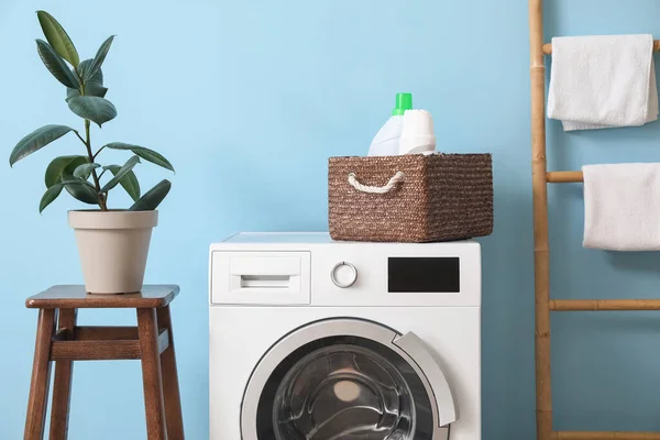 Washing Machine Basket Detergent Blue Wall Laundry Room — Stockfoto