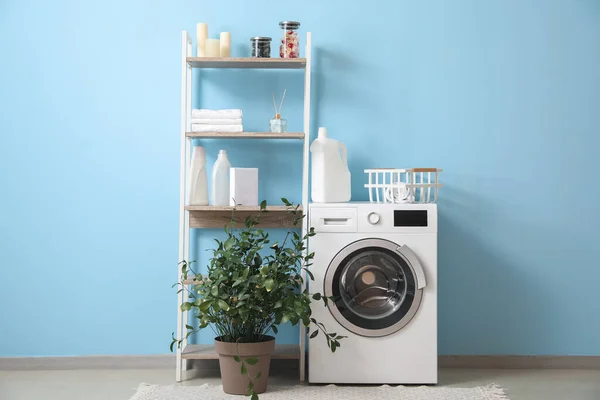 Interior Stylish Laundry Room Washing Machine Shelving Unit Houseplant — Stock Photo, Image