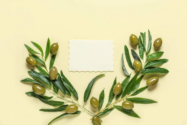 Blank Paper Sheet Green Olives Leaves Beige Background — Foto Stock