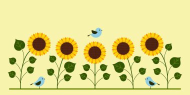 Many sunflowers and birds on yellow background