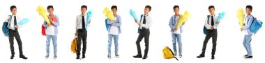 Collage of little boy with school cones and backpacks on white background