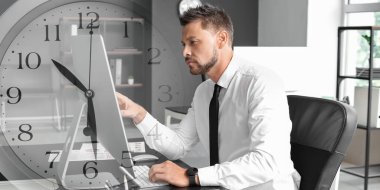 Double exposure of clock and young businessman working in office. Deadline concept