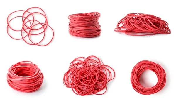 Group Red Elastic Bands White Background — Zdjęcie stockowe