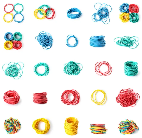 Collage Colorful Elastic Bands White Background — 스톡 사진