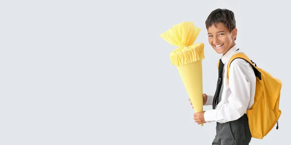 Happy Little Boy School Cone Backpack Light Background Space Text — Foto Stock