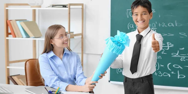 Happy Little Boy School Cone Teacher Classroom — Stockfoto