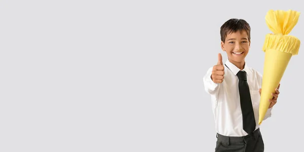 Happy Little Boy School Cone Showing Thumb Gesture Light Background — Stock Fotó