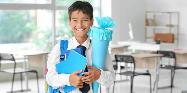 Happy Little Boy School Cone Books Classroom — Stok fotoğraf