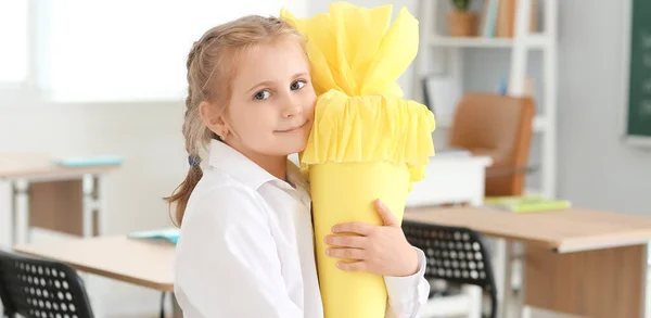 Cute Little Girl School Cone Classroom — Stock Fotó