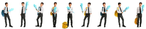 Collage Little Boy School Cone Backpack Isolated White — Stockfoto