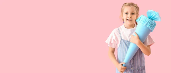 Cute Little Girl School Cone Pink Background Space Text — Stock Photo, Image