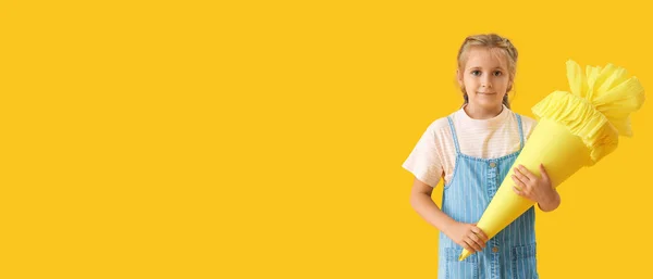 Cute Little Girl School Cone Yellow Background Space Text —  Fotos de Stock