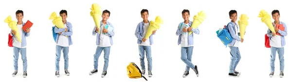 Колаж Маленького Хлопчика Шкільним Конусом Рюкзаками Книгами Білому Тлі — стокове фото