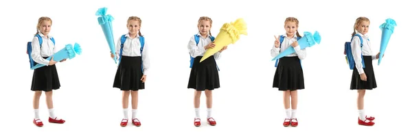 Set Cute Little School Girl Paper Cone White Background — Fotografia de Stock