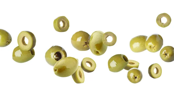 Flying Green Olives White Background — Stock Fotó