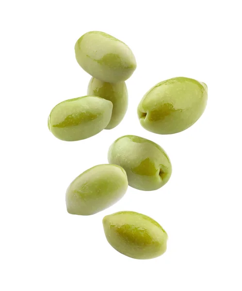 Flying Green Olives White Background — Foto Stock