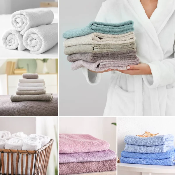 Collage Woman Different Soft Terry Towels — Fotografia de Stock