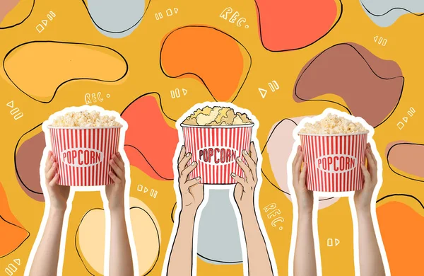 Hands Popcorn Buckets Color Background — Stockfoto