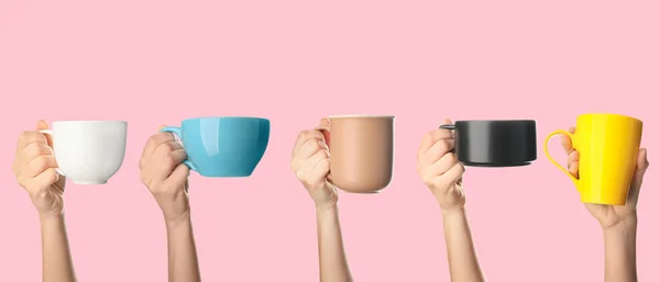 Hands Cups Coffee Pink Background — Fotografia de Stock