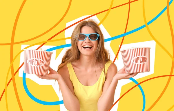 Happy Woman Popcorn Glasses Watching Movie Color Background — Stockfoto