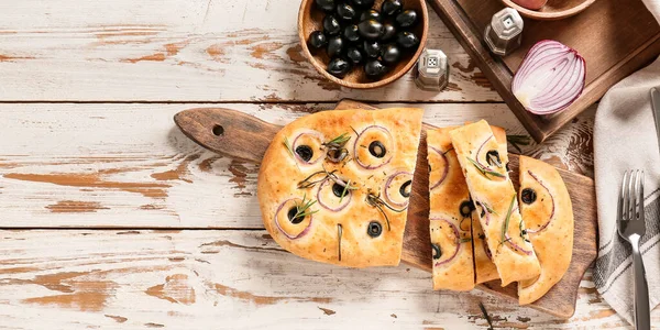 Traditional Italian Focaccia White Wooden Background Space Text — Stockfoto