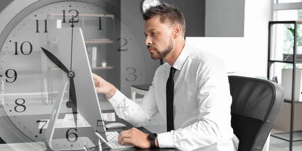 Double Exposure Clock Young Businessman Working Office Deadline Concept —  Fotos de Stock
