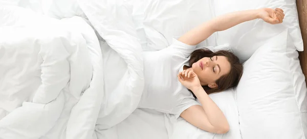 Morning Beautiful Young Woman Bed Top View — Stock Photo, Image