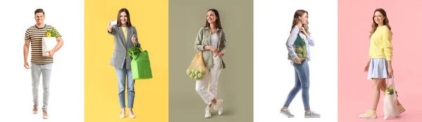 Group Young People Grocery Bags Fresh Products Color Background — ストック写真