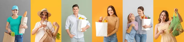 Group People Grocery Bags Fresh Products Color Background — Stok fotoğraf