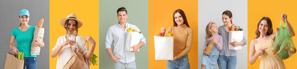 Group of people with grocery bags and fresh products on color background