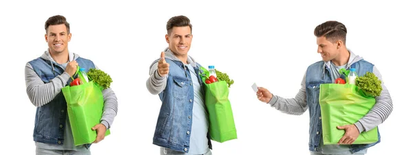 Collage Young Man Fresh Products Grocery Bag White Background — Stockfoto